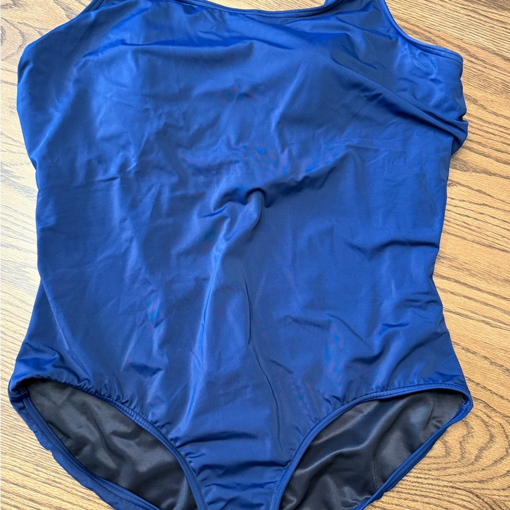 Lands' End Tugless Navy Blue One-Piece Swimsuit Classic Design